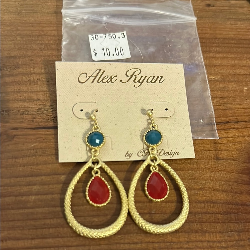Alex Ryan Green and Red Teardrop Gold Earrings